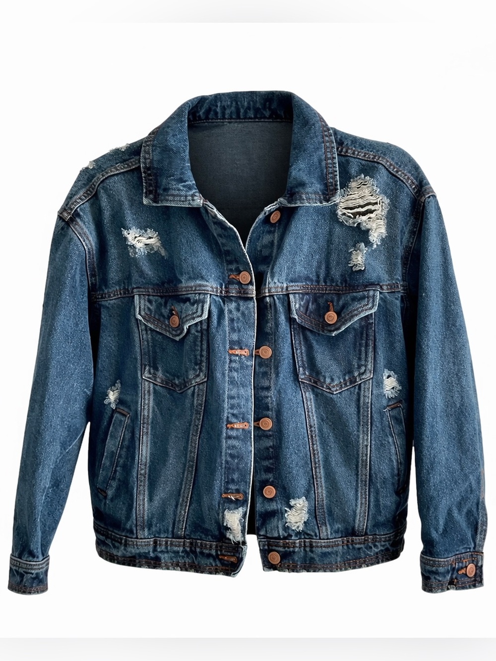 Blue Denim Jean Jacket XS Grunge Distressed Casual Streetwear Celebrity Pink